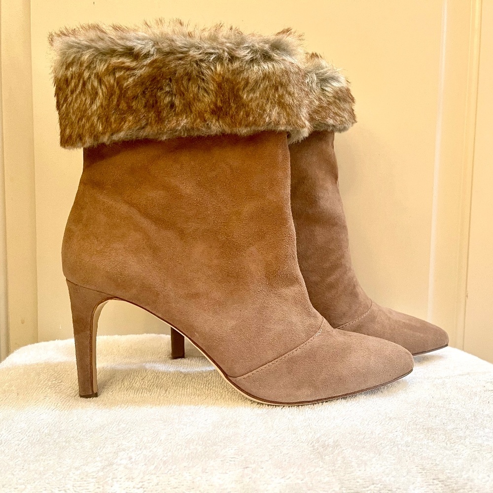 INC International Concepts Tan Suede Booties With Fur Cuff